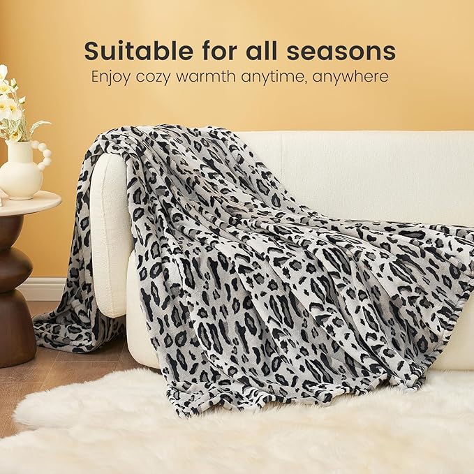Cozy Bliss Leopard Print Fuzzy Throw Blanket for Bed & Couch, Thick Soft Warm Fleece Blankets for Room Decor, for Girls Kids Women Men, Snow Leopard, Grey 100"*120"