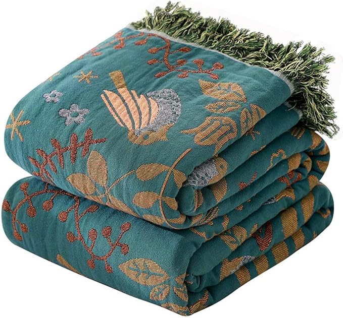 Boho Throw Blanket for Couch Sofa Bed, 100% Cotton Woven Quilt with Tassel 50”x60”, Super Soft Muslin Blanket with Bird Printed, Decorative Reversible Bed Blanket/Cover for All Seasons
