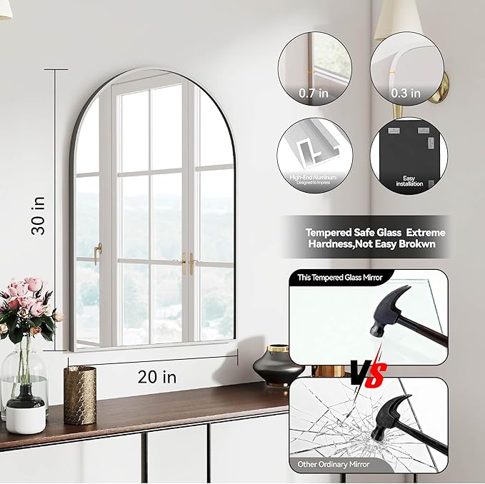 30x20 Arch Mirror Rectangle Wall Mounted Hanging or Against Wall Aluminum Alloy Metal Frame Dressing Make-up Mirrors for Entryway Bedroom Bathroom Living Room 30 20 inch Silver