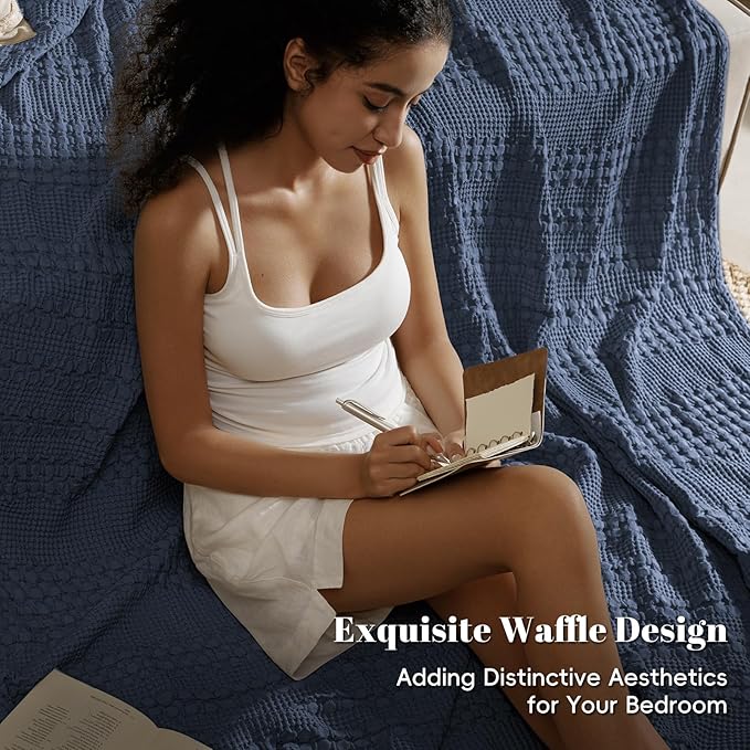 PHF 100% Cotton Waffle Weave Blanket Twin Size for Bed, Soft Lightweight & Breathable for Spring and Summer, All-Season Comfort, Luxury Aesthetic Blanket for Home Decor, 66"x90", Indigo
