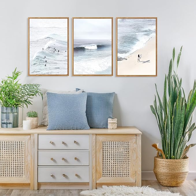CHDITB Ocean Wave Surf Framed Canvas Wall Art Set Of 3, Minimalist Coastal Wall Decor, Nature Inspired Seascape Wall Painting, Neutral Surfboard Beach Art Prints for office Bedroom Decor (12x16 Inch)