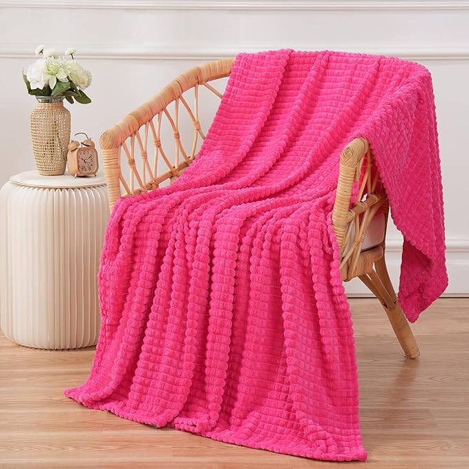 Puncuntex Flannel Fleece Throw Blanket Hot Pink 60"×80",Super Soft Plush Cozy Blanket with Square Grid Design Luxury for Couch Sofa Chair