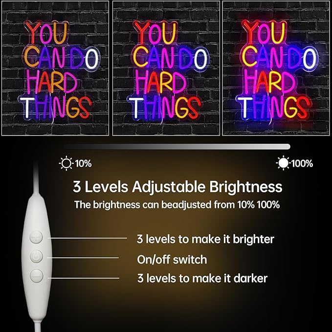 Neon Lights for Wall Decor - You Can Do Hard Things Neon Signs for Bedroom Classroom, Inspirational and Postive Led Neon Light sign for Libairy, Dorm, Kids' Room, Dimmable Switch USB Power, Adhesive Hook Included