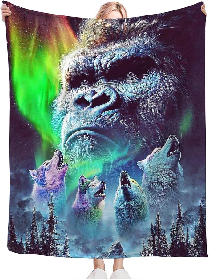 Gorilla Wolf Blanket for Girls Women Boys Men Adults Kids Soft Cozy Fleece Aurora Chimpanzee Foot Throw Blankets Gifts Warm Flannel Plush Lightweight Decor for Couch Bed Sofa 80"X60"