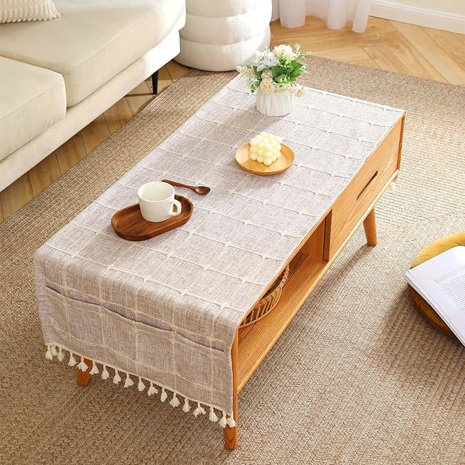 SIELUNO Coffee Table Cover, Rustic Farmhouse Rectangle Coffee Table Cloth Cotton Linen Waterproof with Pockets and Tassel for Living Room Decoration - Small Plaids - 24x64 Inch