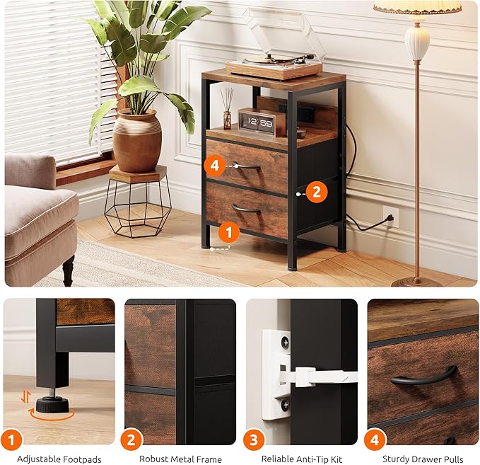NightStand Bedside Charging Table Bedroom - Brown Night Stand with Charger Station, Modern Bed Side End Table with Open Shelf & 2 Fabric Drawers, USB-C Port for Dorm, Living Room