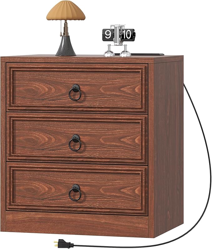 Farmhouse Nightstand with Charging Station, 21.7" Wide End Table with 3 Drawers, Cherry Wood Side Table, Bedside Table for Bedroom, Living Room, Sofa