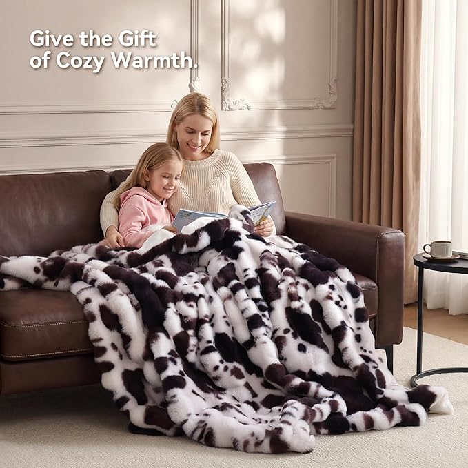 Smoofy Faux Fur Throw Blanket for Couch – Cow Print Brown Fluffy Cozy Rabbit Fleece, Plush Soft Bubble Blanket for Sofa & Bed, Gifts for Mom, Warm Fuzzy Home Room Decor Throw 50" x 60"