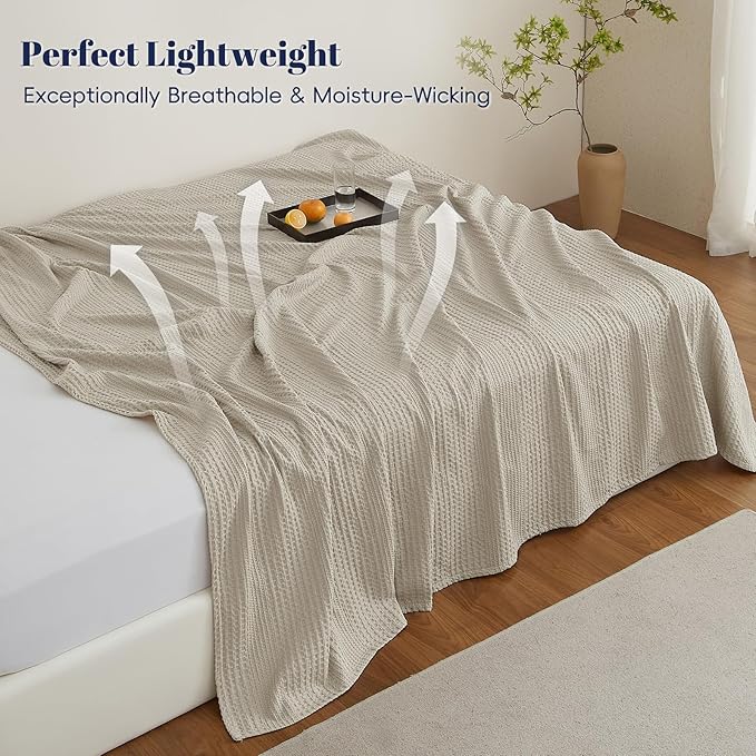 PHF Lightweight Waffle Weave Blanket Queen Size, Breathable & Ultra Soft, 90"x 90" Soft & Cozy Thin Blanket for All Season & Hot Sleepers, Bed, Home Decor - Light Taupe