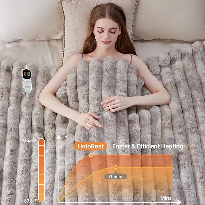 Heated Throw Blanket, Faux Fur Cozy Heating Blanket with Overheat Protection, 1/2/4/6/8 Hours Auto-Off 10 Heat Level, Machine Washable (62x84 Inches, Tie-Dye Light Grey)