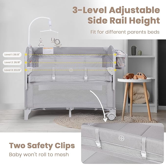 Baby Bassinets Bedside Sleeper, 4 in 1 Portable Bedside Crib w/Mattress, Diaper Changer, Storage Basket, Music Box, Carry Bag, Foldable Playard Sleeper for Newborn (Light Gray)