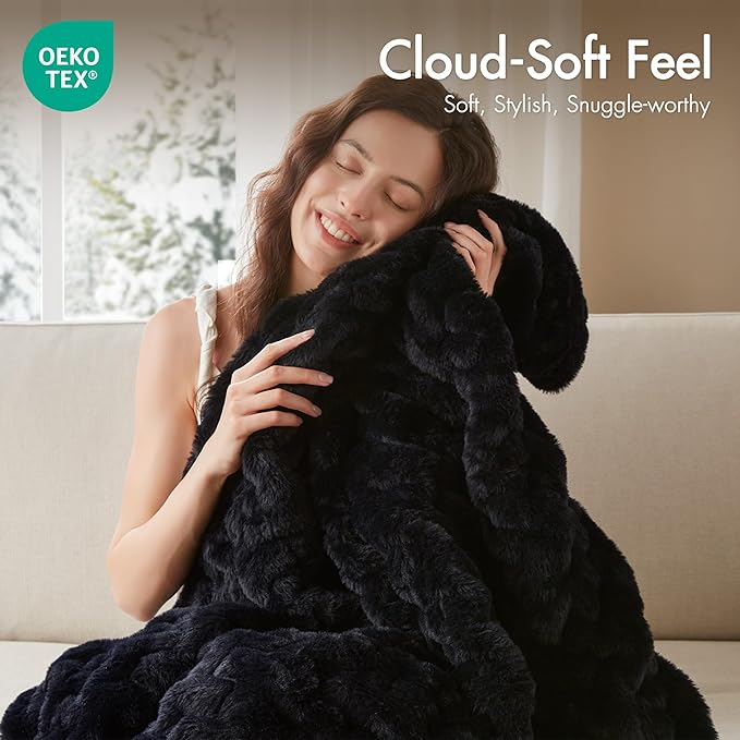 Madison Park Ruched Luxury Throw Premium Soft Cozy Brushed Long Faux Fur For Bed, Couch or Sofa, 50 x 60 in, Black