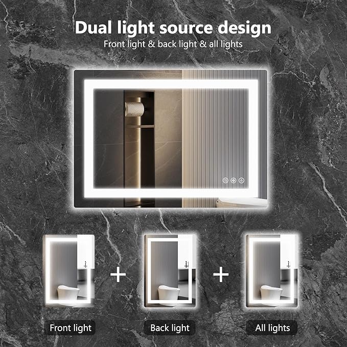 DUMOS 37"x 28" LED Bathroom Mirror with Lights, Dimmable Anti-Fog Front Lit Backlit Lighted Wall Mounted Rectangle for Vanity Makeup Memory Function Tempered Glass Shatter-Proof Horizontal&Vertically