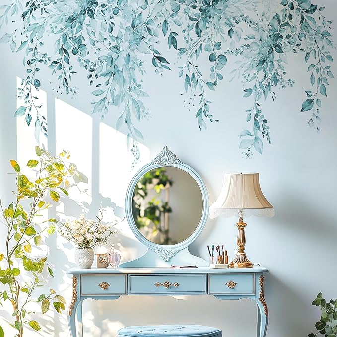 Spa Green Plants Leaves Wall Decals Peel and Stick, Large Floral Flowers Vinyl Wall Stickers, Removable Vine Home Decor Art for Bedroom Living Room Classroom Office