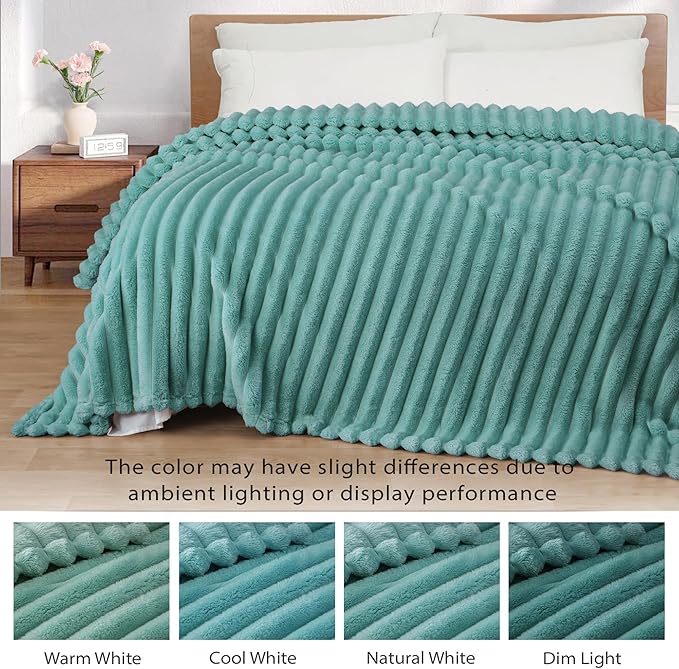 Exclusivo Mezcla King Size Flannel Fleece Blanket, Super Soft Striped Jacquard Bed Blanket, Lightweight Fuzzy Cozy for All Seasons, 90x104 Inches, Celadon