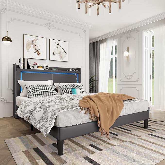 Queen Bed Frame with Headboard and Wheeled Nightstand, PU Leather Upholstered Platform Bed with LED&Charging Station for Bedroom, No Box Spring Needed, Noise Free, Suit for Couple/Single, Grey