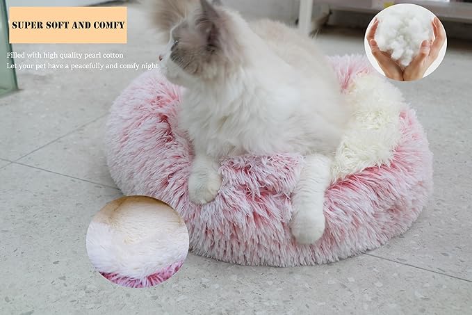 Calming Dog Bed & Cat Cave with Hooded Cover, Plush Fluffy Anti-Anxiety Cat Bed, Waterproof Bottom Washable (Pink, 25.6X25.6inch)
