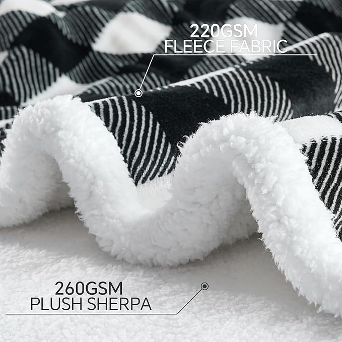 BEDELITE Sherpa Fleece Blanket - Black and White Buffalo Plaid Christmas Blanket, Super Soft Cozy Warm Thick Winter Throw Blankets for Couch and Bed, 60" x 80"