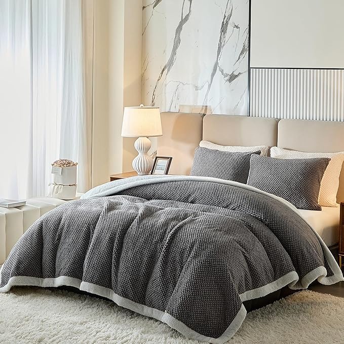 Luxury Flannel Fleece Sherpa Blankets King Size for Bed, Jacquard Boho 3-Layer Thick and Warm Blanket for Winter, Soft Cozy Fuzzy Plush Velvet Blanket with 2 Pillow Cases, Grey, 102x88 Inches