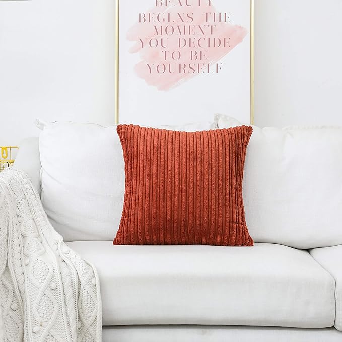 UGASA Solid Color Striped Velvet Pillow Covers Fall Modern Sofa Cushion Cover Bed Velvet Square Pillowcase, 1 Pc, 20"x20", Burnt Brick