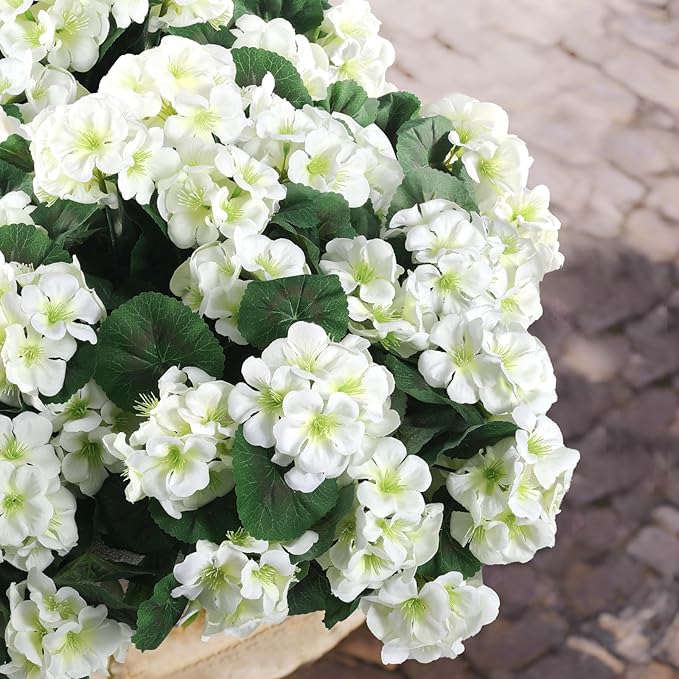 Hananona Artificial Geranium Flowers for Outdoors Geranium Silk Flowers Outdoor UV Resistant Garden Plants Faux Flowers for Home Kitchen Table Centerpieces Decor (12, White)