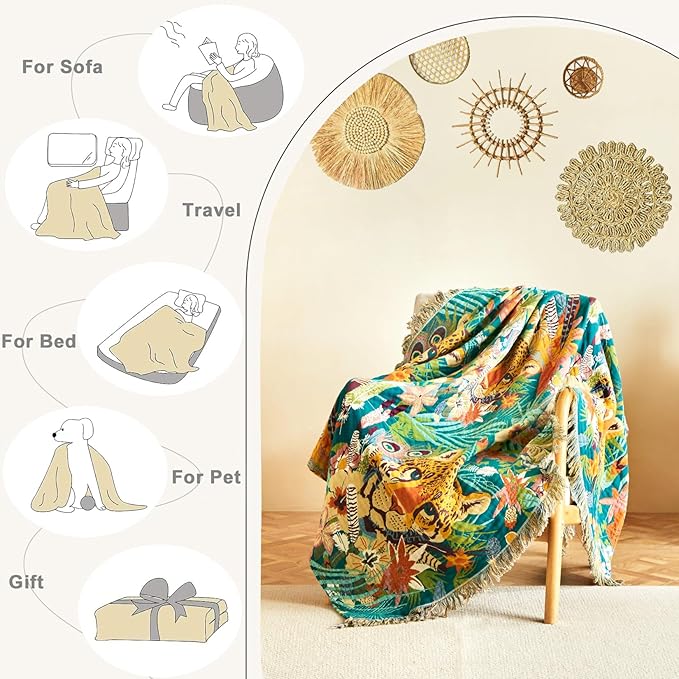 Throw Blanket for Bed Couch Sofa Soft Cotton Twin Breathable Spring Blankets for Bedroom Living Room All Season Reversible Quilt Leopard Throws Whimsical Home Decor 60"x80"