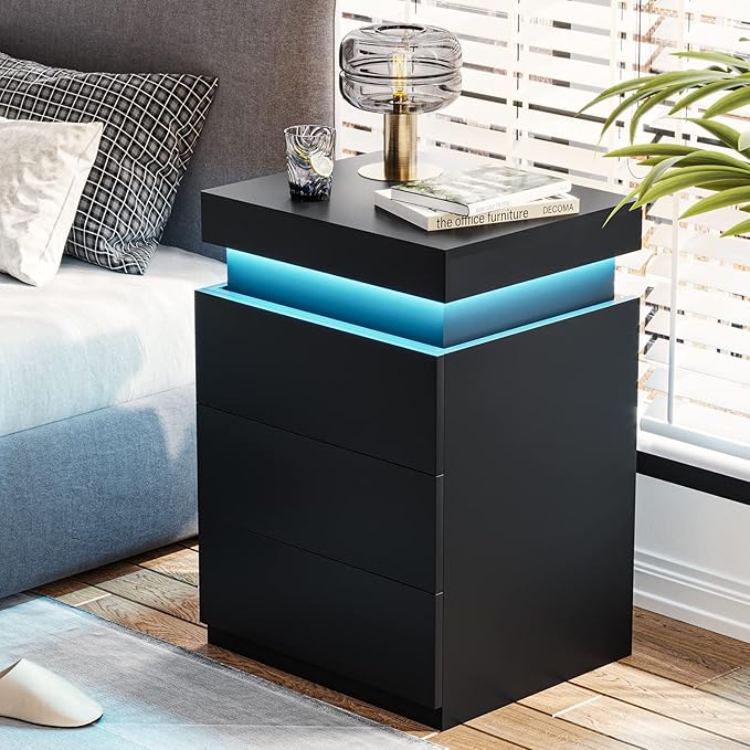 ADORNEVE Nightstand with Charging Station and LED Lights,Night Stand with Sliding Top,Bedside Table with Drawers,Modern End Side Table for Bedroom,Black