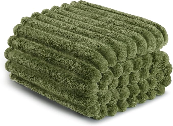 Exclusivo Mezcla Queen Size Flannel Fleece Blanket, Super Soft Striped Jacquard Bed Blanket, Lightweight Fuzzy Cozy for All Seasons, 90x90 Inches, Olive Green