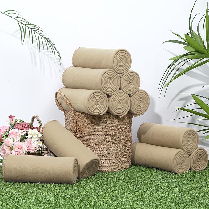 60PCS Khaki Blankets Bulk 50 X 60, Soft Lightweight Throw Blanket Kit Cozy Blankets Bulk for Bed Sofa Couch Warm Pet Fleece Blanket Set for Wedding Homeless Home Office Travel Gift for Seasons