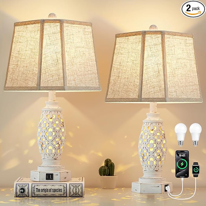 Lamps for Night Stands Set of 2-23.5" Bedside Lamp with USB A+C and Nightlight - Rustic Farmhouse Table Lamp for Bedrooms, End Tables, Living Room - French Country Decor, Bulbs Included, Cream