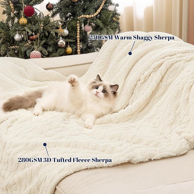 PHF Fluffy Sherpa Blanket Twin Size for Winter, Warm and Soft, 510GSM 3D Jacquard Thick Shaggy Fleece Plush Blanket for Sofa Bed, Cream, 60"x80"