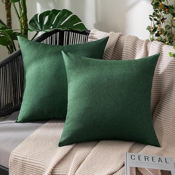 MIULEE Pack of 2 Decorative Outdoor Solid Waterproof Throw Pillow Covers Faux Linen Garden Farmhouse Cushion Cases for Patio Tent Balcony Couch Sofa 20x20 Inch Emerald Green