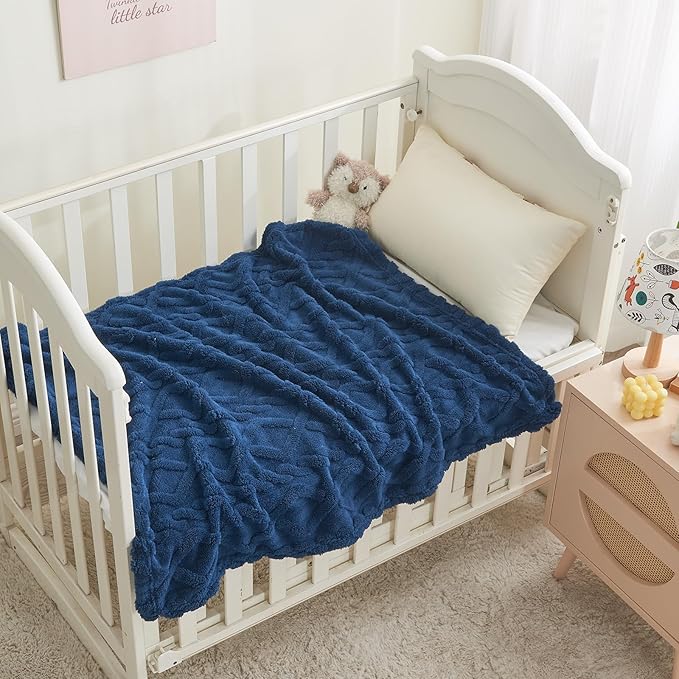 KMUSET Kids Blue Blanket for Boys Girls 30 x 40 inches, Soft Cozy Fuzzy Swaddle 3D Jacquard Throw Blanket, Navy