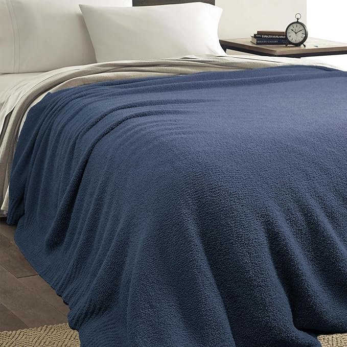 JOOJA Navy Blue Blanket Warm Queen Size Fuzzy Knitted Oversized Luxury Bed Blankets, Soft Lightweight Plush Blanket Queen Size for Cozy Nights (Navy Blue, 90x90)