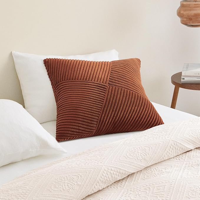 Topfinel 24x24 inches Terracotta Euro Pillow Shams Set of 2 Corduroy Decorative Throw Pillow Covers for Bedroom Living Room, Windmill Textured Striped Patchwork Couch Pillow Covers 60x60 cm