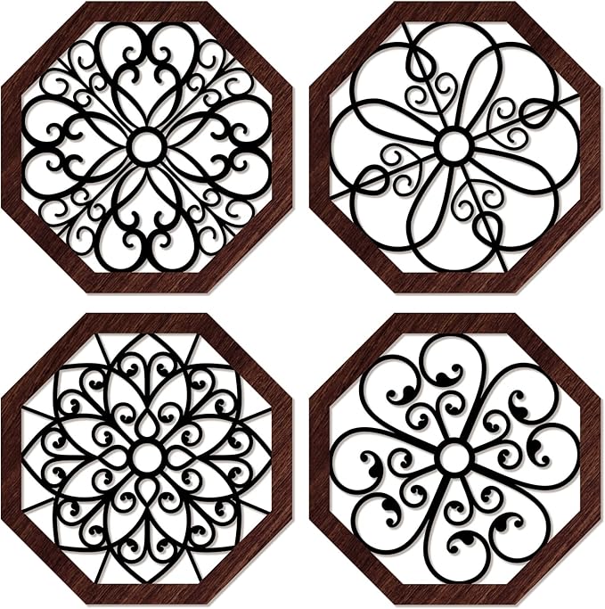 4 Pieces Thicken Rustic Wood Wall Decor Modern Farmhouse Wall Art Decor Wooden Hollow Carved Design Rustic Art for Living Room Bedroom Office Kitchen (Classic Style)