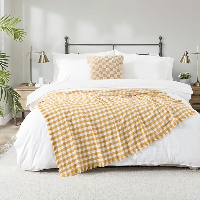 100% Cotton Throw Blanket Plaid Soft Lightweight Cozy Farmhouse Tassels Summer Thin Breathable Throws for Couch Sofa Bed (60" × 80" Yellow)