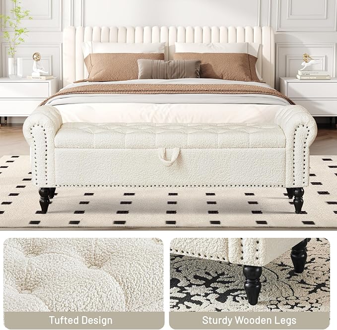 Furniliving 63” End of Bed Bench, Bedroom Bench with Button-Tufted, Large Upholstered Storage Ottoman Benches Entryway Bench with Storage Shoe Cabinet Bench, for Bedroom, Living Room, Faux Fur, White