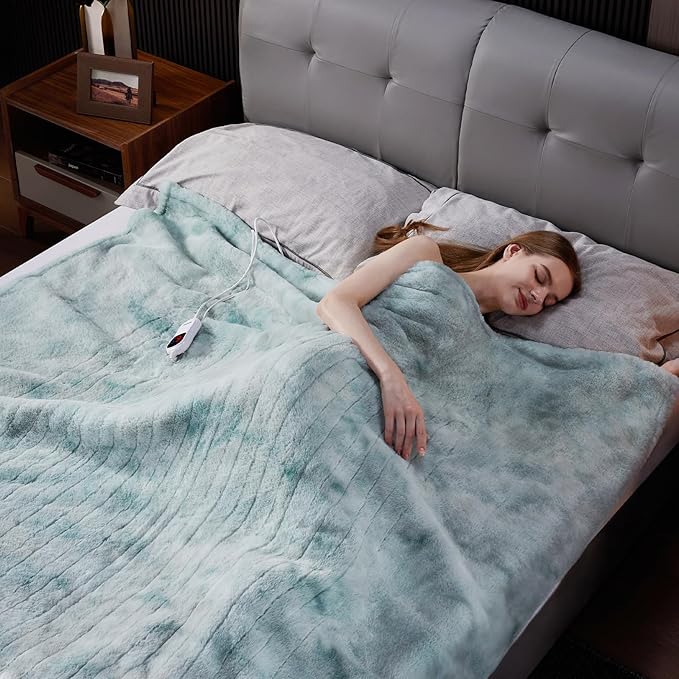 Guohaoi Heated Blanket Electric Throw, Soft Faux Rabbit Fur Electric Blanket with 10 Heating Levels 5 Sitting Timer Auto Off, Cozy Warm Heating Blankets, Machine Washable(72"×84" Blue)