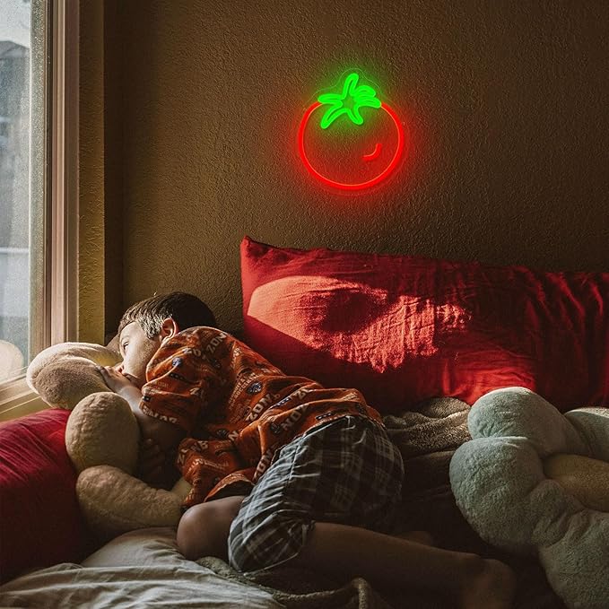 Tomato Neon Sign for Wall Decor,Cute Fruit LED Neon Light 9.4 * 10.2 inch Dimmable USB Kawaii Small Vegetables Tomato Light Up Sign for Boys Girls Room Restaurant Birthday Party barn