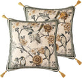 ISAENNE Design Linen Chinoiserie Square Throw Pillow Covers 18"x18" Pack of 2, Farmhouse Cushion Covers with Yellow Floral Birds Pattern Decoration Pillowcases for Bed,Living Room,Outdoor,Car