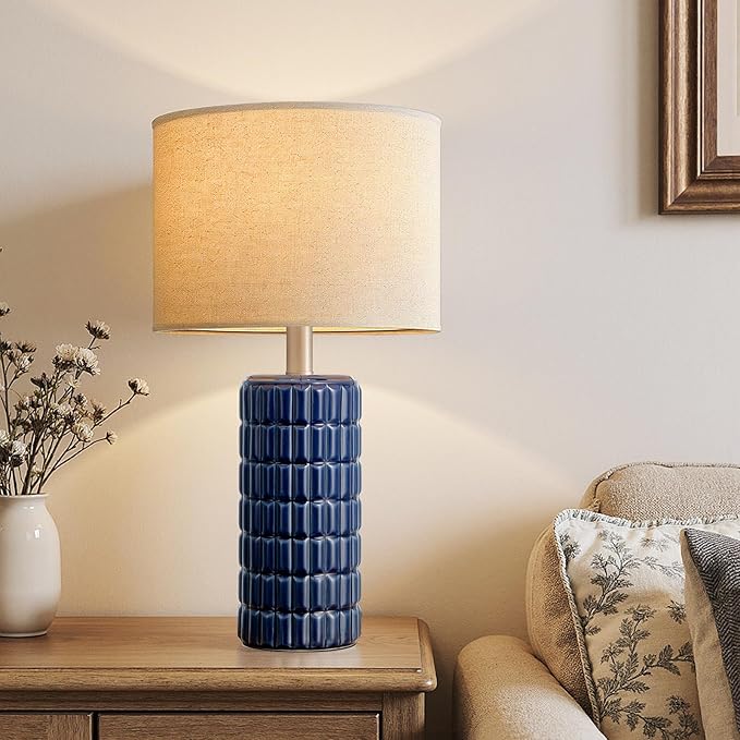 23" Modern Ceramic Table Lamps Set of 2 - Table Lamps for Living room, Farmhouse Bedside Night Stands Lamp for Bedroom, White Boho Nightstand Lamps Set of 2, Desk Lamp for End Table Home Decor(Blue)