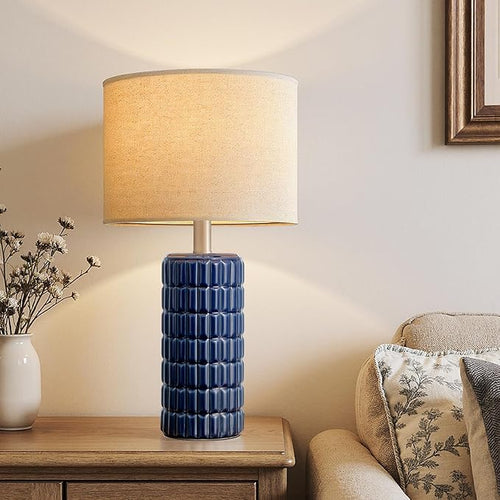 23" Modern Ceramic Table Lamps Set of 2 - Table Lamps for Living room, Farmhouse Bedside Night Stands Lamp for Bedroom, White Boho Nightstand Lamps Set of 2, Desk Lamp for End Table Home Decor(Blue)