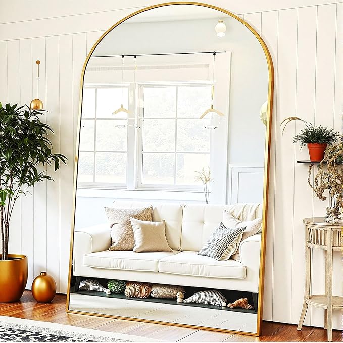 Full Length Floor Mirror, 91x46 Inch Oversized Arched Standing Mirror in Gold for Bedroom, Living Room, Dressing Room - Elegant Freestanding Leaning Mirror Decor