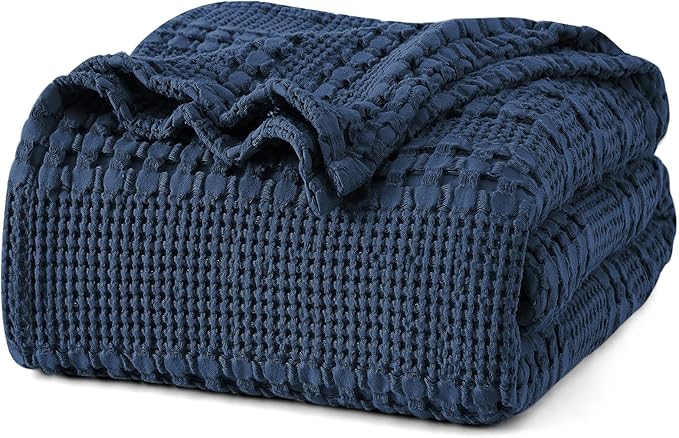 PHF 100% Cotton Waffle Weave Blanket Queen Size for Bed, Soft Lightweight & Breathable for Spring and Summer, All-Season Comfort, Luxury Aesthetic Blanket for Home Decor, 90"x90", Blue Sapphire