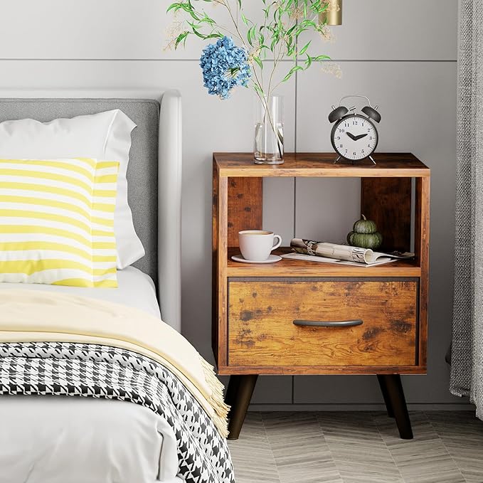 Night Stand, Brown Nightstand with Drawer, Side Table with Open Storage, 2-Tier Modern End Table, Bedside Table for Small Space, Living Room, Bedroom