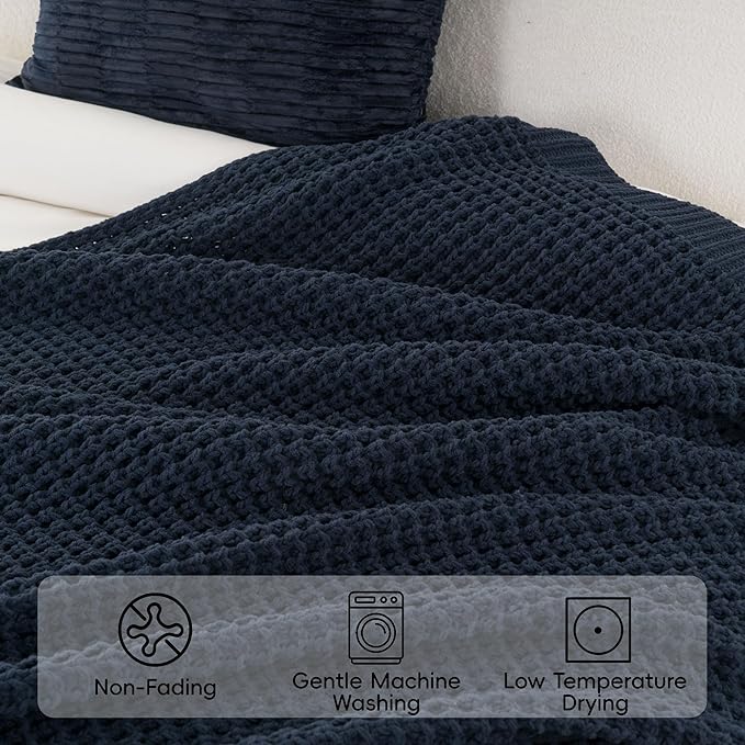 Bunnikins & Clover Navy Blue Throw Blanket for Couch, Knitted Blue Blanket Throw 50''x60'', Super Soft Waffle Navy Throws for Chair Sofa Home Decor