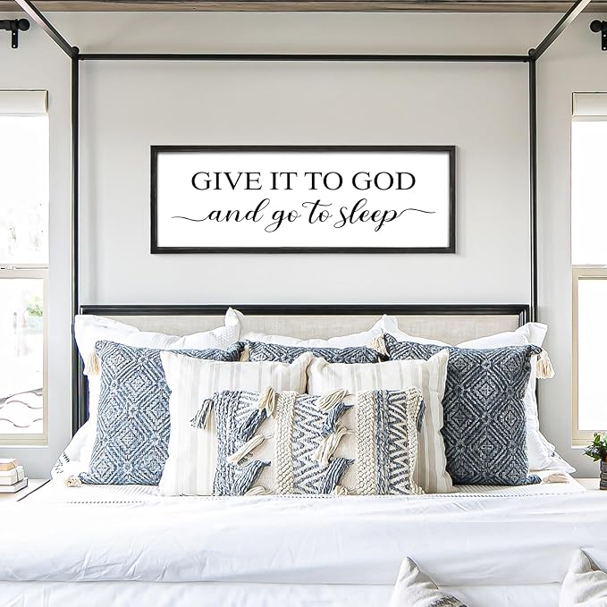Give It to God and Go to Sleep Sign 42''×15'' Large Above Bed Wall Decor Farmhouse Bedroom Decor Wood Framed Guest Room Decor Wall Art Rustic Master Bedroom Wall Decoration (Black)