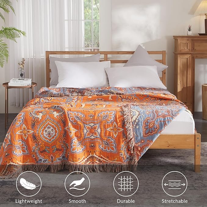 Boho Throw Blanket for Couch Sofa Bed, 100% Cotton Woven Quilt with Tassel 50”x60”, Super Soft Muslin Blanket with Floral Printed, Decorative Reversible Bed Blanket/Cover for All Seasons