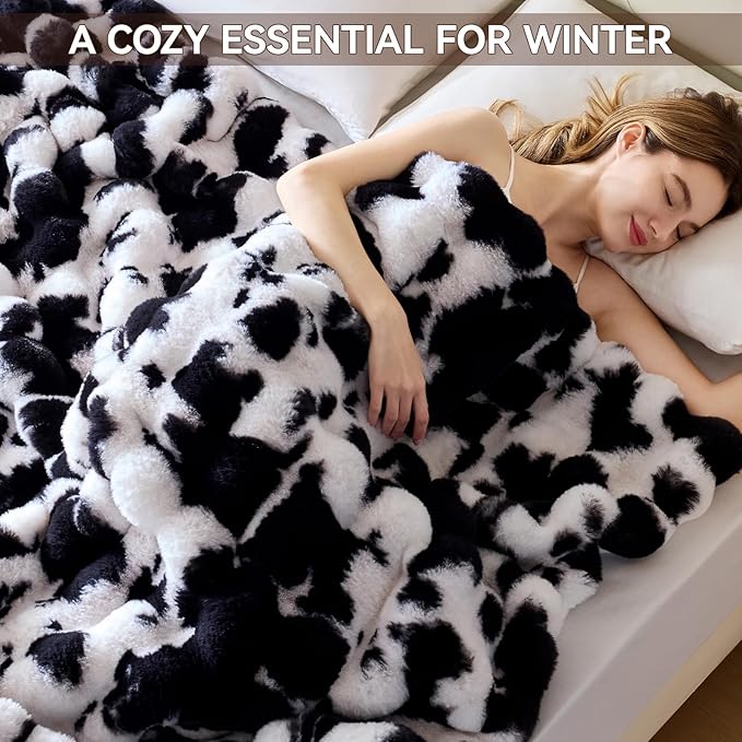 Faux Fur Throw Blanket, 1000GSM Fluffy Soft Bubble Blanket for Couch Bed, Cozy Plush Warm and Thick Blanket, Fuzzy Rabbit Throw for Living Room Bedroom 60''*80'' Cow Black